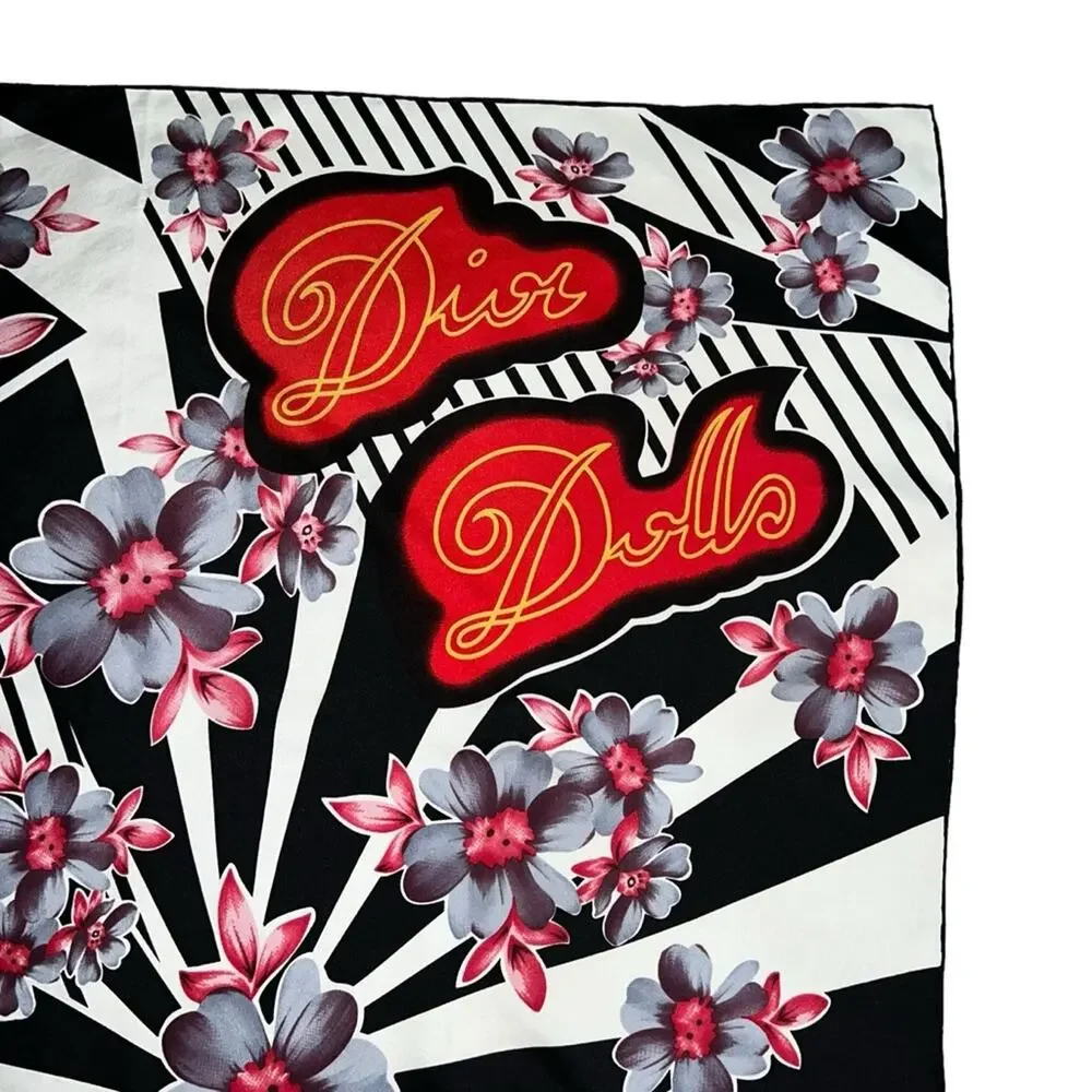 AUTH VTG Christian Dior Dolls Logo Floral Print Silk Large Square Scarf Top